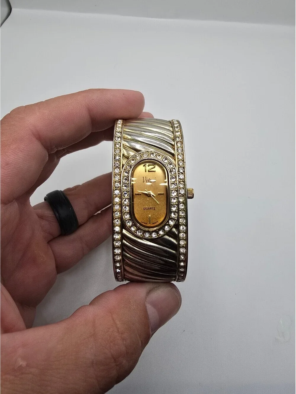 Vivani Women’s Quartz Analog Rectangle Cuff Bracelet Watch Gold Tone Rhinestone